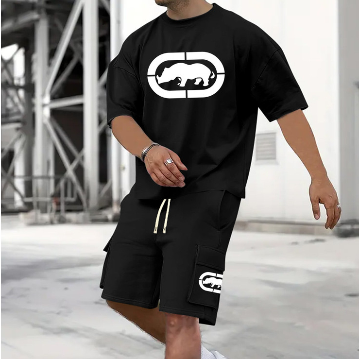 Conjunto Masculino de Duas Peças: Camiseta Solta em Algodão com Shorts de tectel