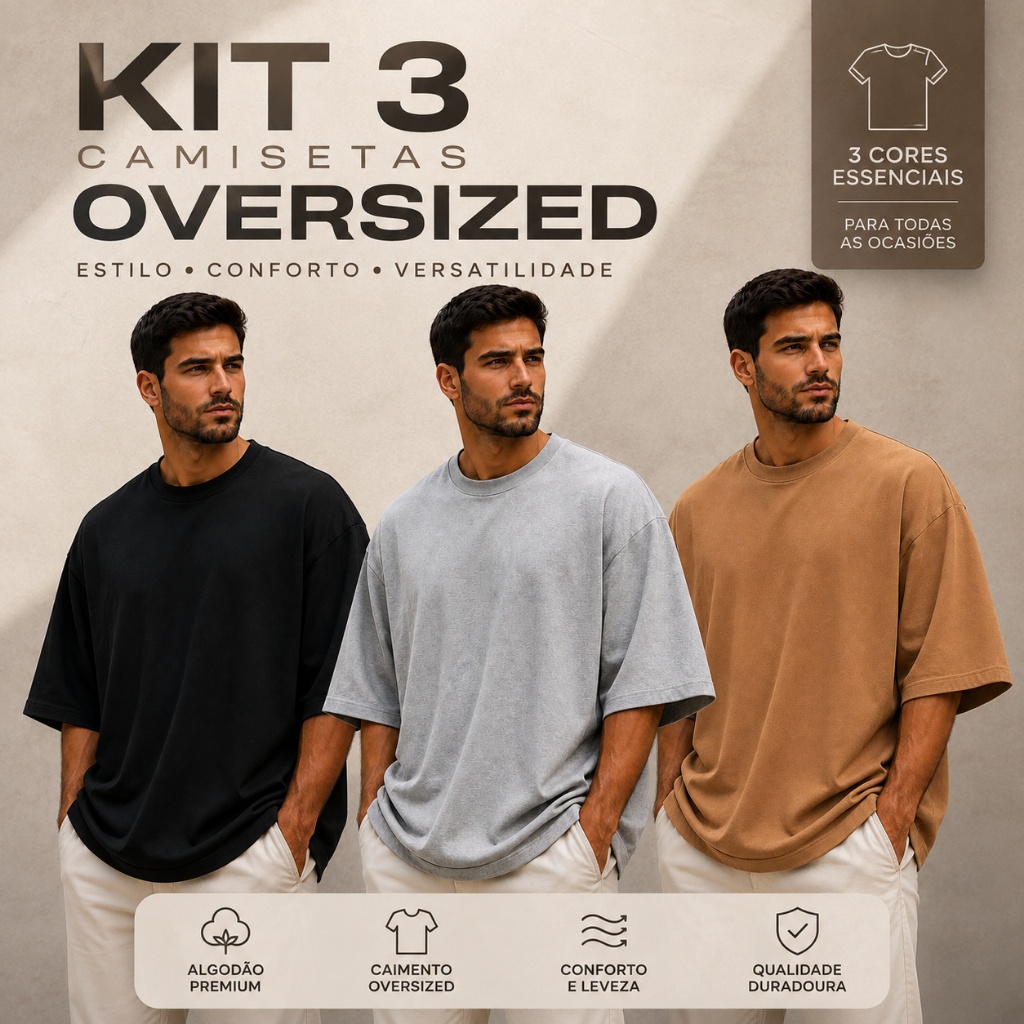 Kit 3 Camiseta Oversized Masculina Streetwear Algodão Premium Básica Soltinha Dia a Dia Confortável Malha Penteada