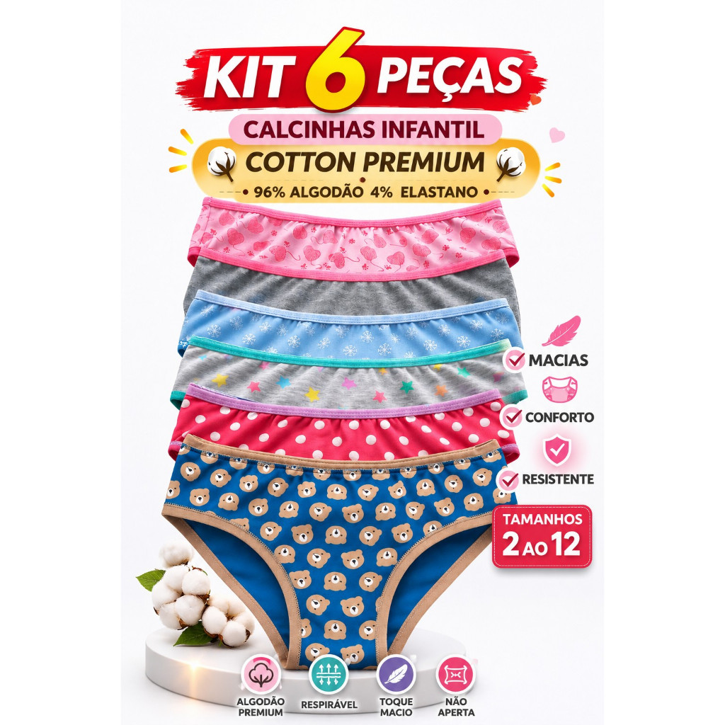 Kit 03 ou 06 Calcinhas Infantil Menina Cotton Premium Algodão – Macias, Confortáveis e com Elasticidade