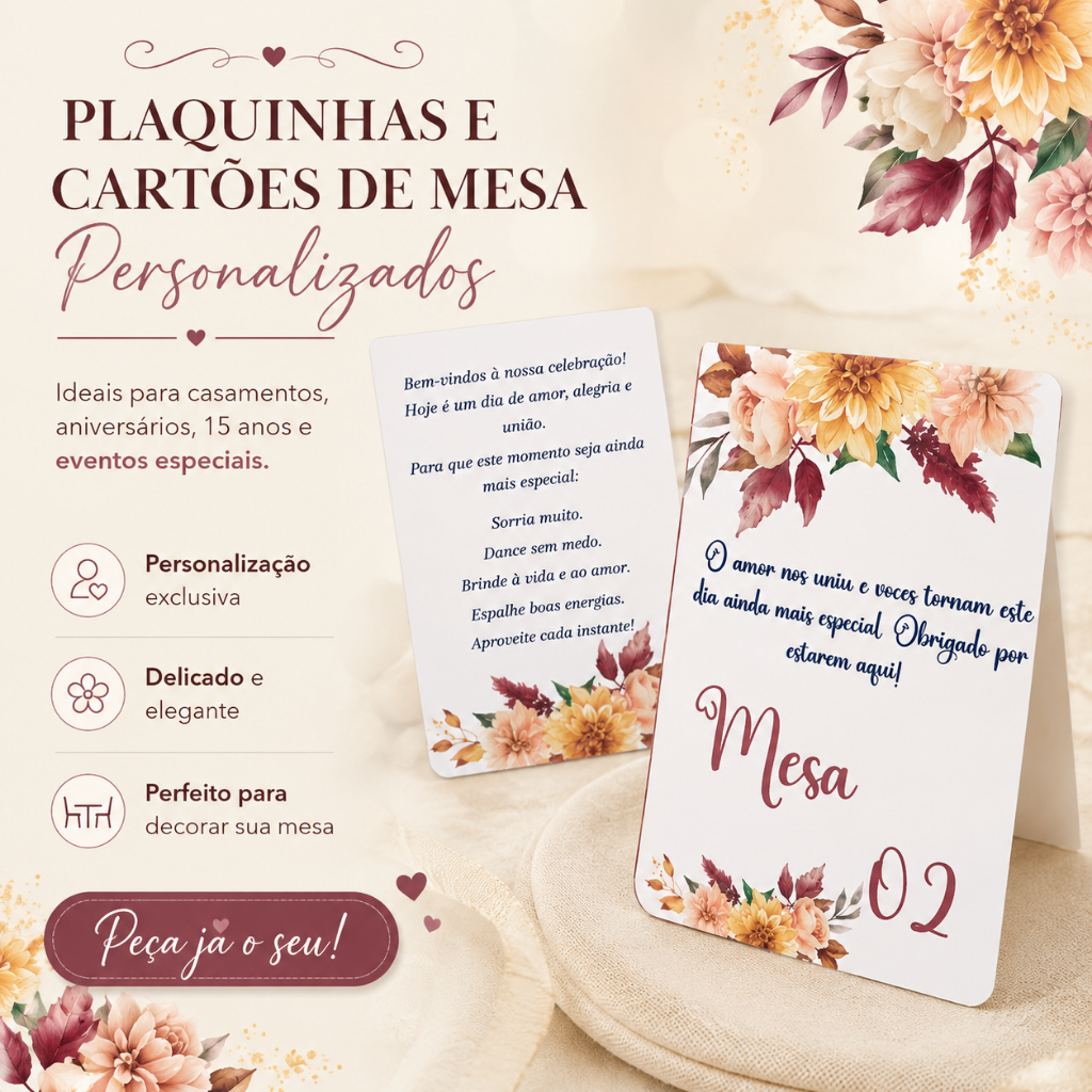Plaquinha de Mesa Personalizado 10x14,5cm – Casamento, Aniversário, Batizado, Lembrancinha Artesanal