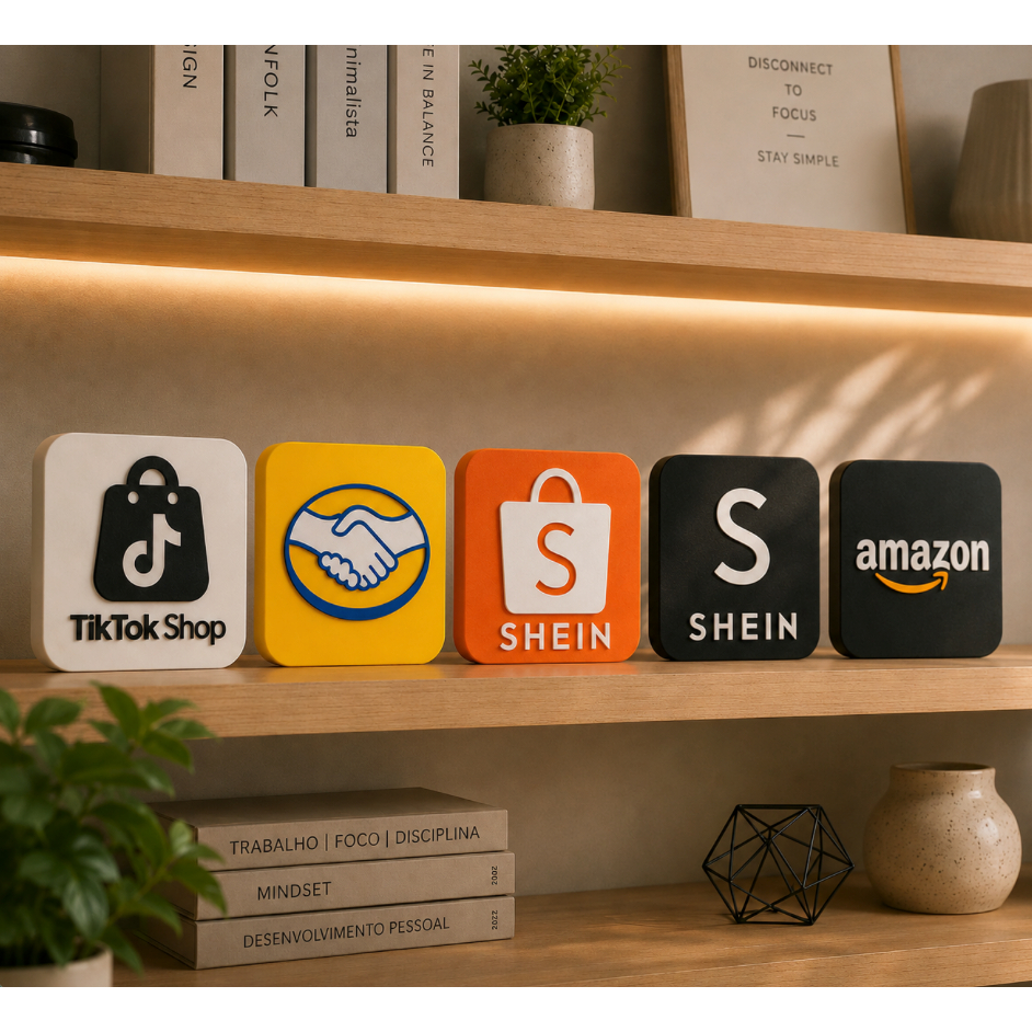 Placa Decorativa 3d Logo Marketplaces plaquinha Mercado Livre Shopee Magalu Shein Amazon TikTok Youtube