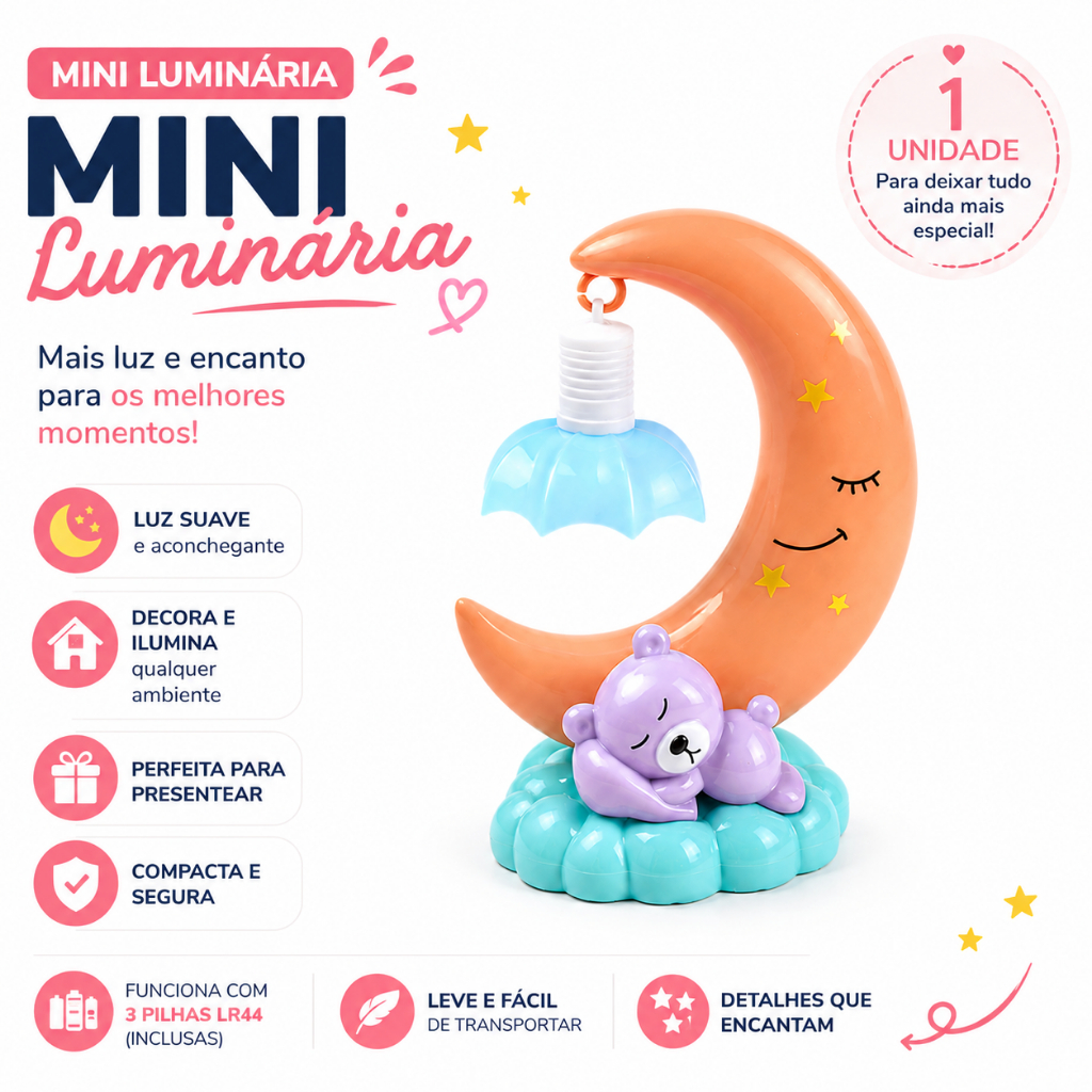 Mini Luminaria Plastica LED Lua Mesa Abajur Infantil Pilha Decorativa  Quarto Criança Estudo Pequena