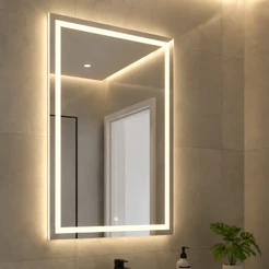 Espelho Retangular 60x40 Jateado com Led 3 Cores Botão e Touch Decorativo para Banheiro Moderno