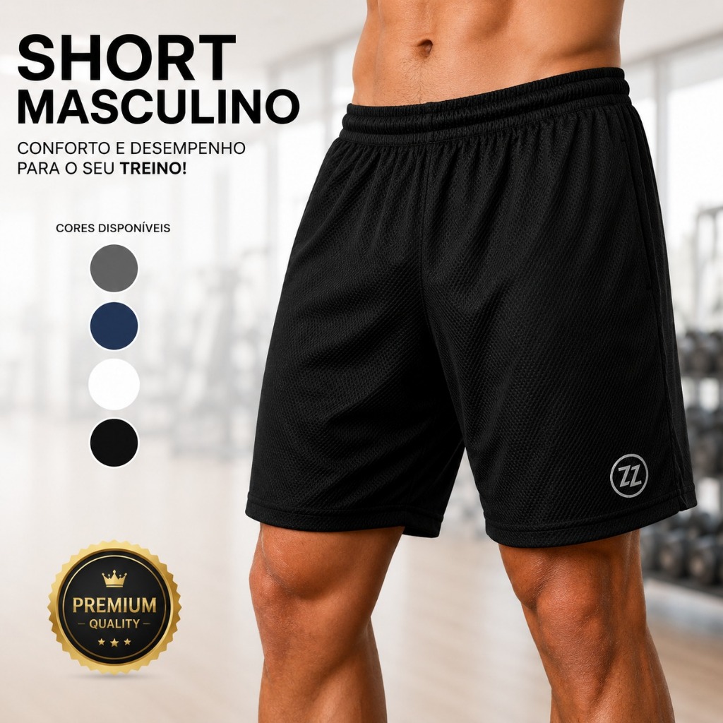 Short Masculino Esportivo Academia Dry Fit Poliéster Elastano Confortável Treino Corrida