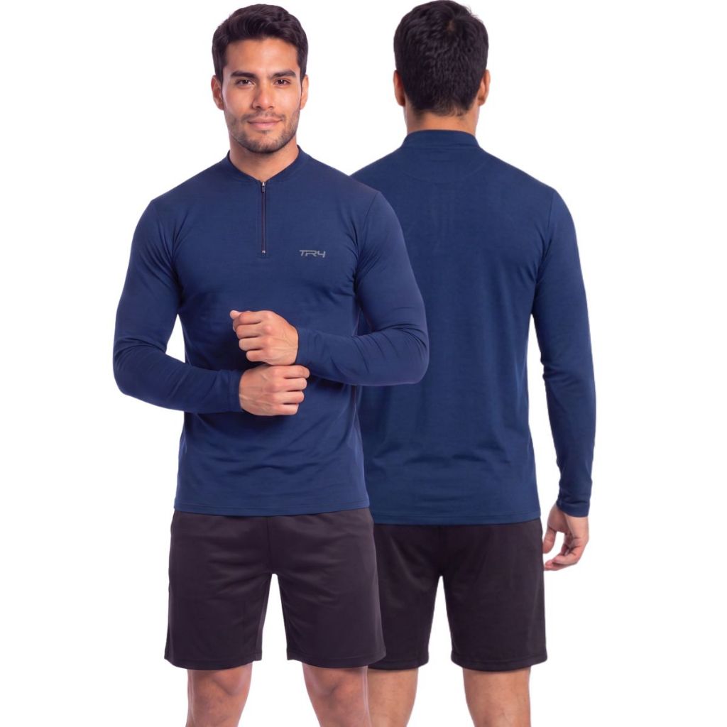 Camisa Manga Longa Masculina Ziper Proteção Solar UV Térmica Leve Conforto Casual Corrida Academia