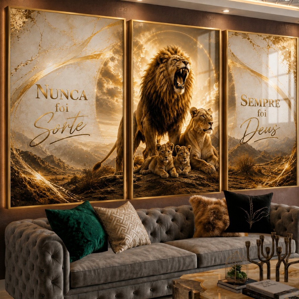 Kit 3 Quadros Decorativos Leão Família com Frase Nunca Foi Sorte Sempre Foi Deus Dourado Religioso Motivacional para Sal
