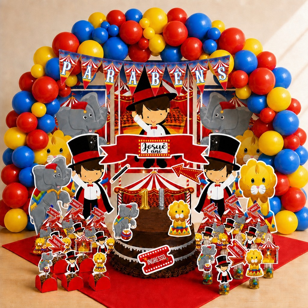 Kit Festa Aniversário Circo Circus Palhaço Personalizado 78 Itens Decoração Completa Menino Bebê Lembrancinhas