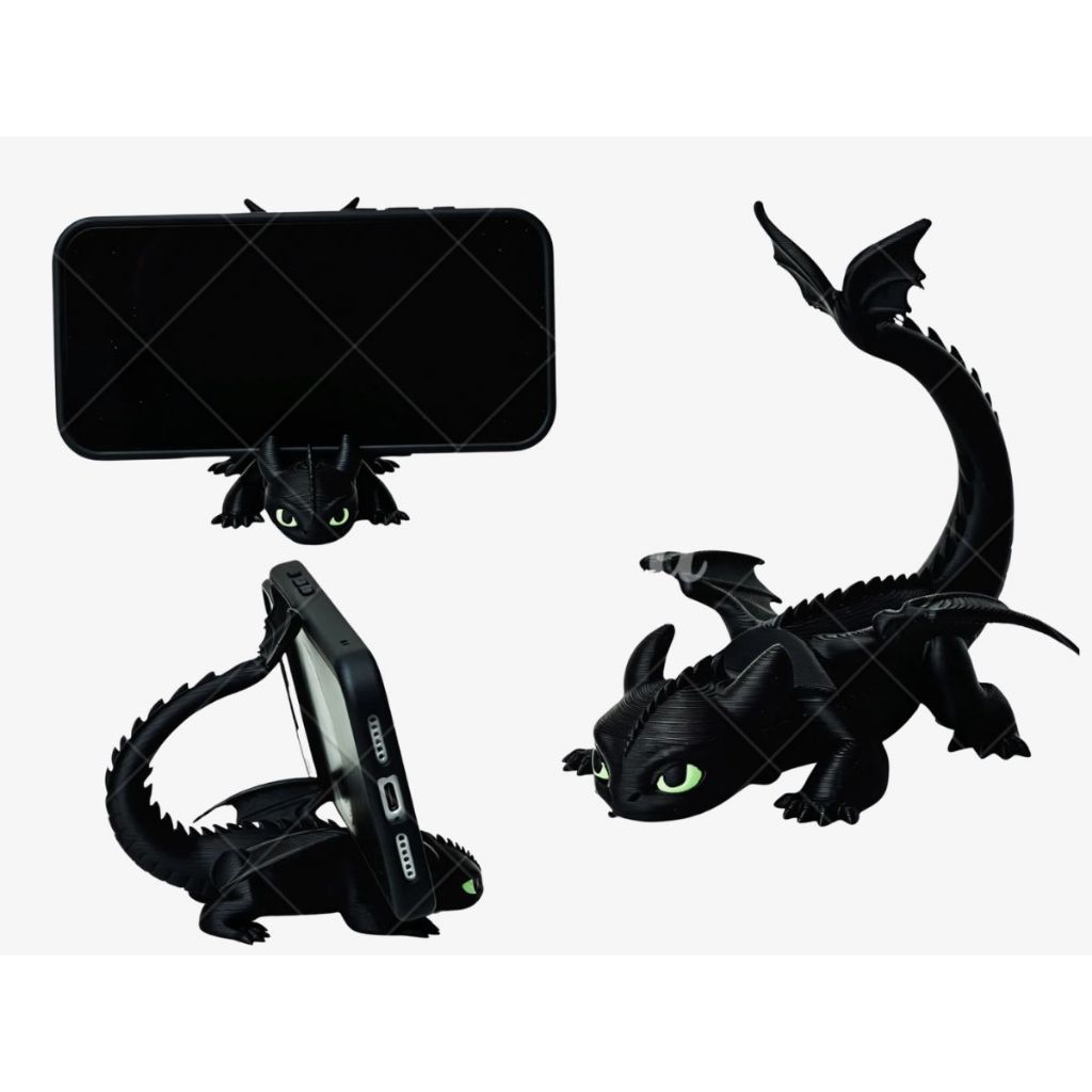 Suporte para Celular Dragão Negro 3D Porta Smartphone de Mesa Decoração Geek