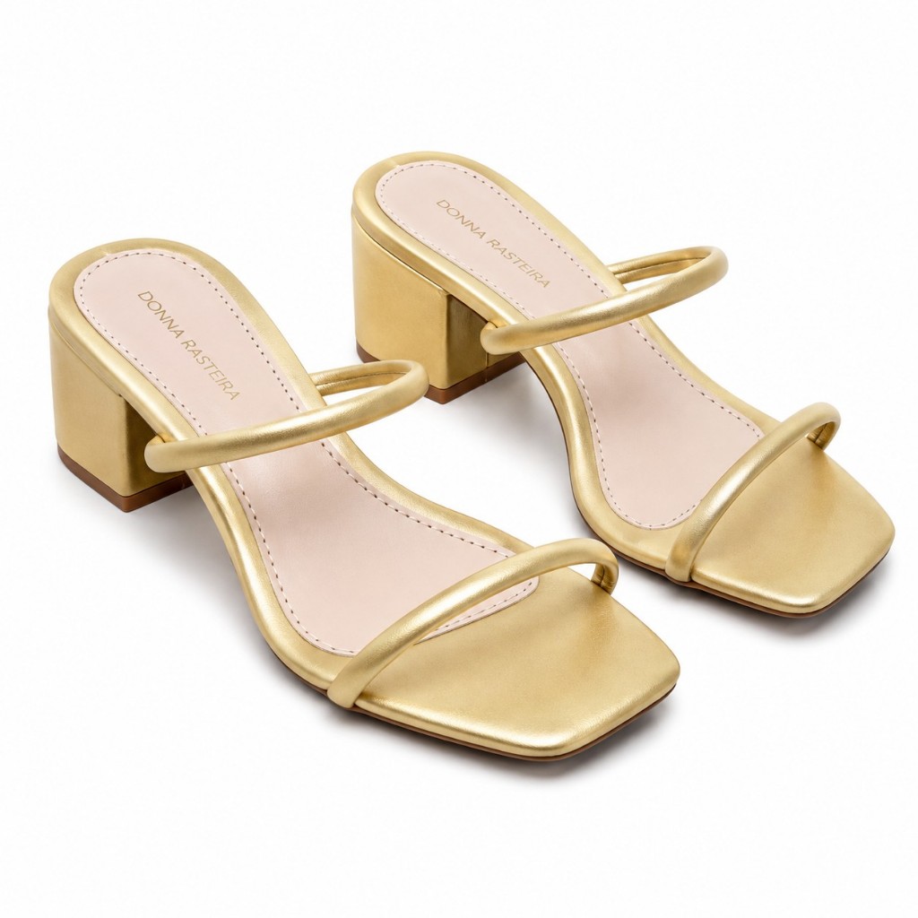 Tamanco Feminino Salto Bloco 6,5cm Sandália Dourada Prata Bico Quadrado Confortável Festa 061