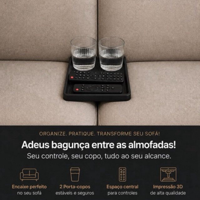 Bandeja Organizadora para Sofá com Porta-Copos e Suporte para Controle Remoto | Impressão 3D