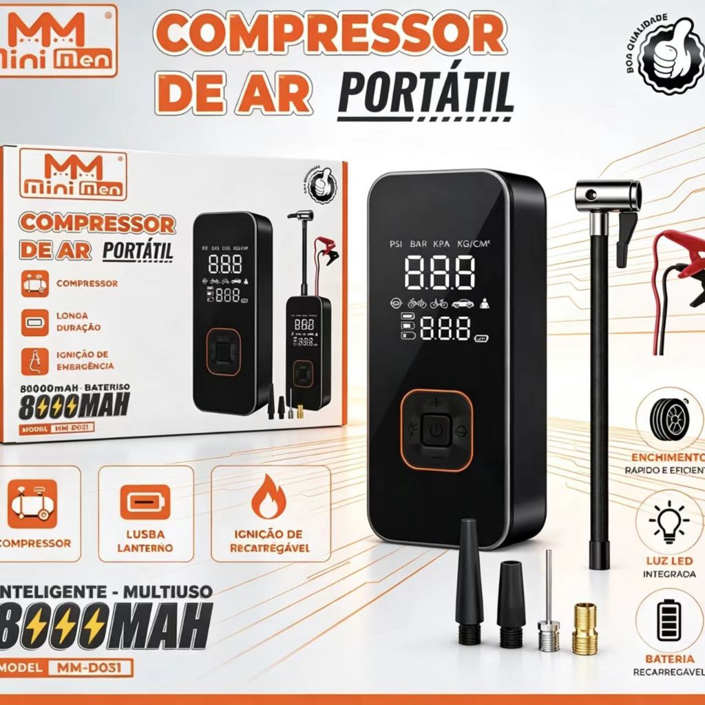 Compressor Portátil Bateria 8000mAh 150 PSI + Partida de Emergência – Inflador Digital com LED e 5 Acessórios