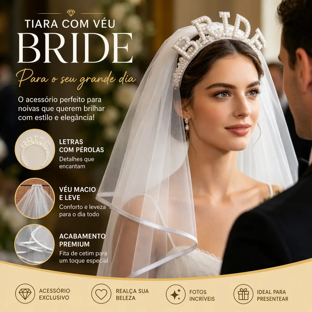 Tiara Noiva Pérolas e Cristal com Véu – Acessório Bride To Be para Despedida de Solteira
