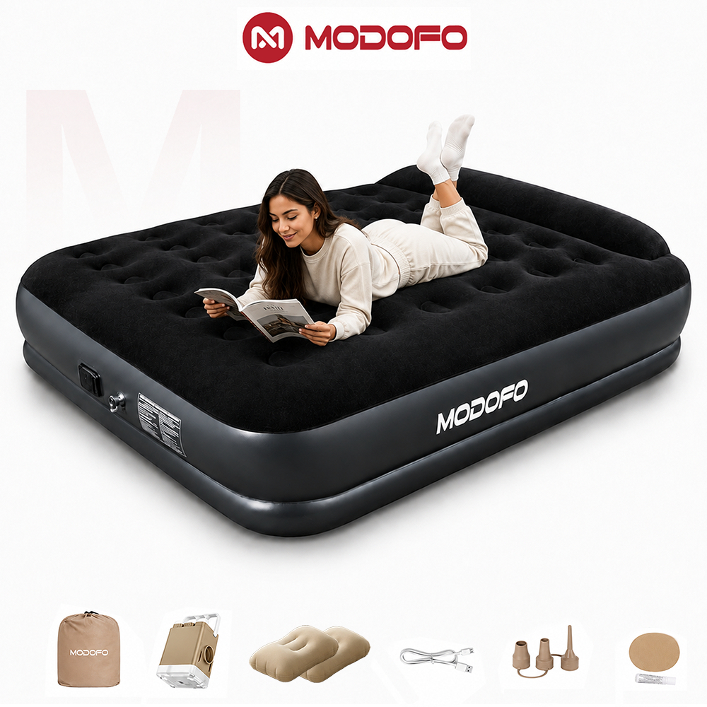 MODOFO Colchão Inflável Queen/King Com Bomba Elétrica Material em PVC Ideal para Casa e Camping