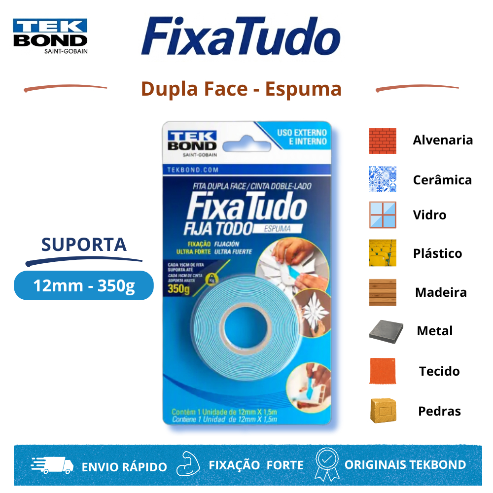 KIT 2 Fitas Dupla Face ESPUMA TEKBOND USO INTERNO e EXTERNO Fixação FORTE — imagem 2 de 2