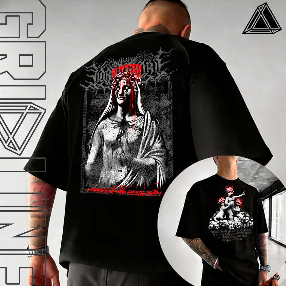 Camiseta Básica ou Oversized Anjo Gótico Streetwear Cyber Y2K Estampada Unissex Algodão Estética Dark Presente Fã