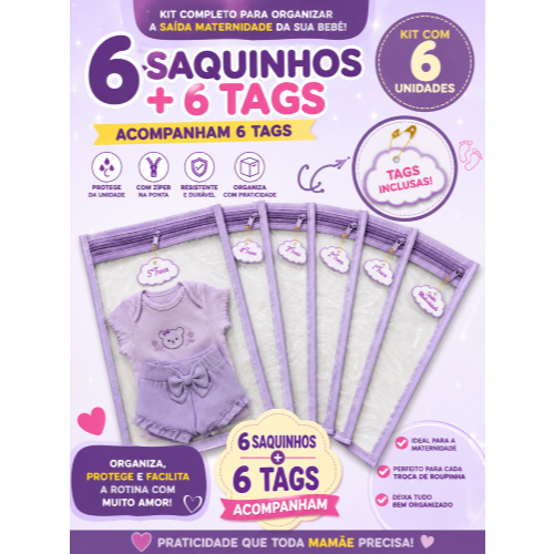 Kit 6 Saquinhos Maternidade com Zíper e Tag – Organizador Roupas Bebê e Mamãe 33 x 27 cm