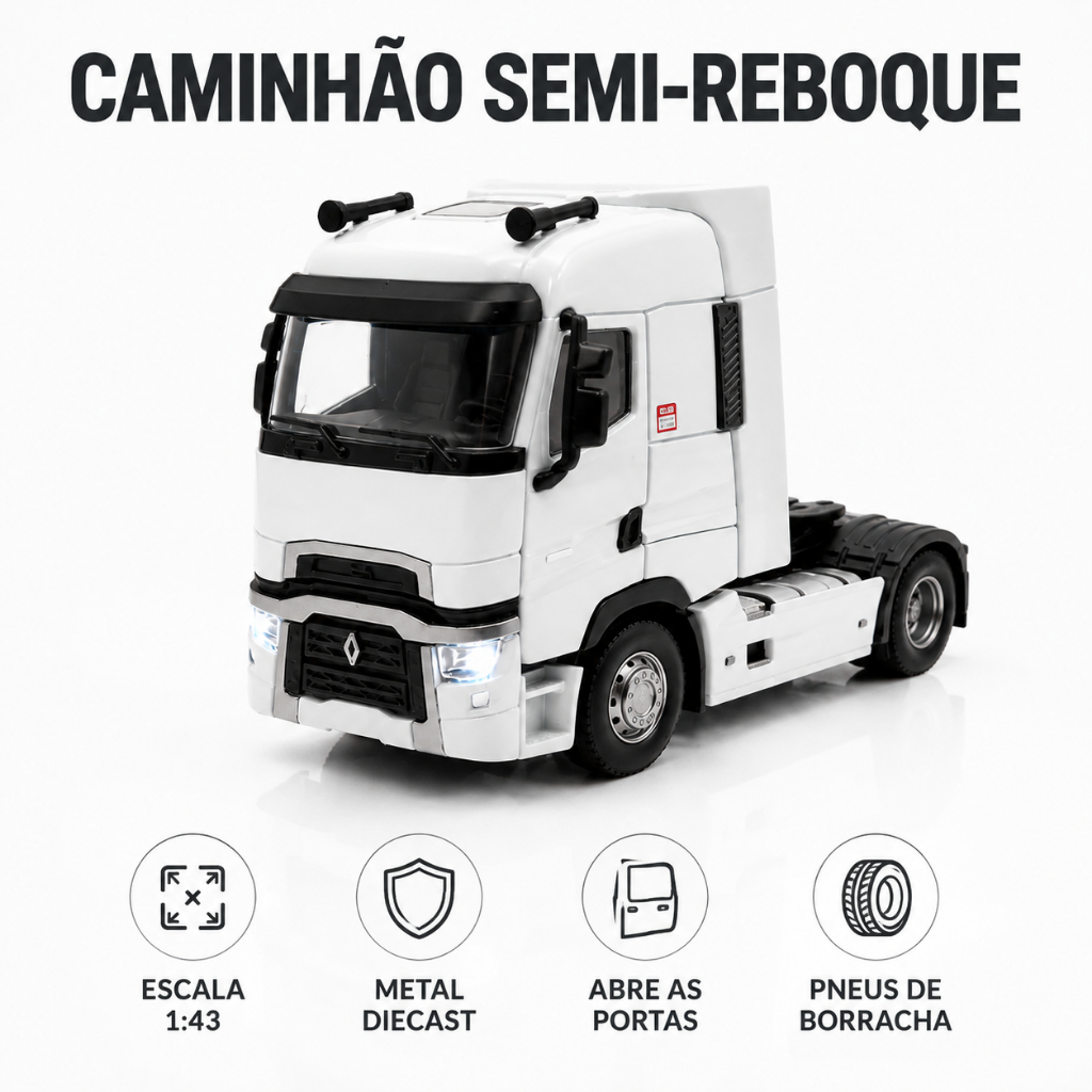 Miniatura Caminhão Renault T Facelift Brinquedo 1/36 Coleção Trucado Com Som e Luz Cabine Basculante Carrinho de Ferro