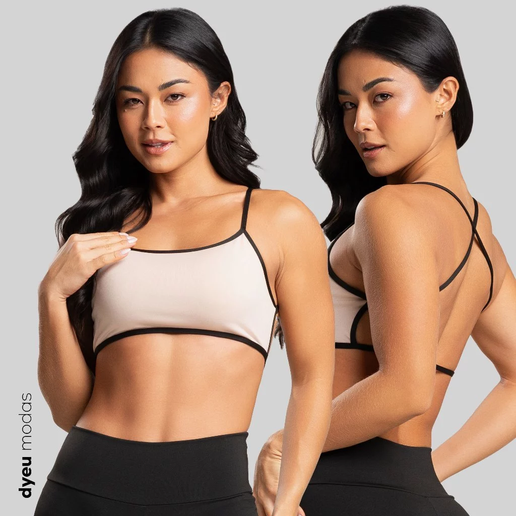 Top Fitness Bicolor Alcinha Cruzado Costa Nua Feminino com Forro e Encaixe pra Bojo Academia