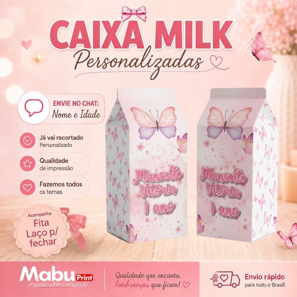 Kit Caixinhas Milk Personalizada Com Nome Tema BORBOLETAS Personalizada Lembrancinhas de Festa - Caixa Milk