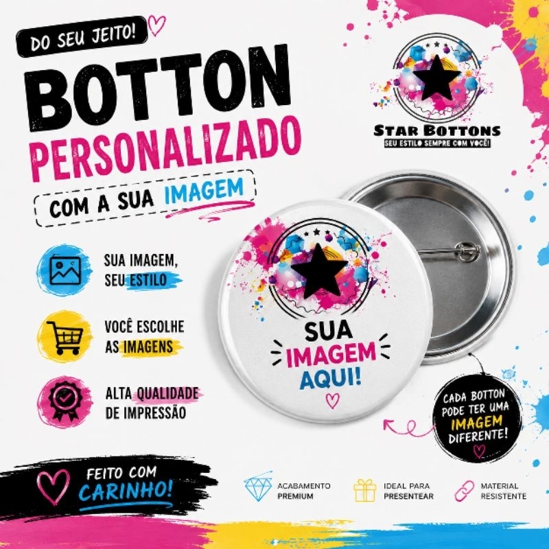 Bottons Personalizados com sua imagem/ Button/ Pin Broche/ Crachá/ Mochila/ Personagem/ Logomarca Festas Eventos