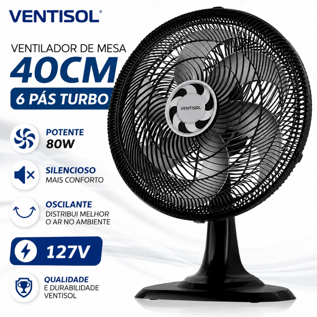 Ventilador de Mesa Ventisol 40cm Turbo 6 Pás Potente Silencioso Oscilante 127V 80W 3 Velocidades