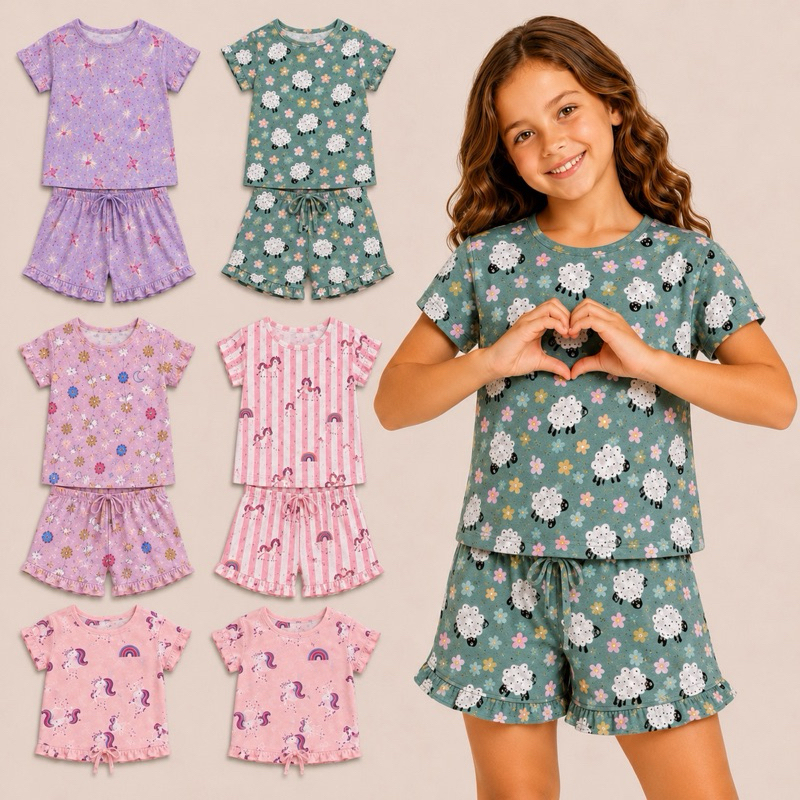 Pijama Menina Suede Premium Macio Estampado Manga Curta Estiloso Infantil Conjunto Blusa e Short Confortável