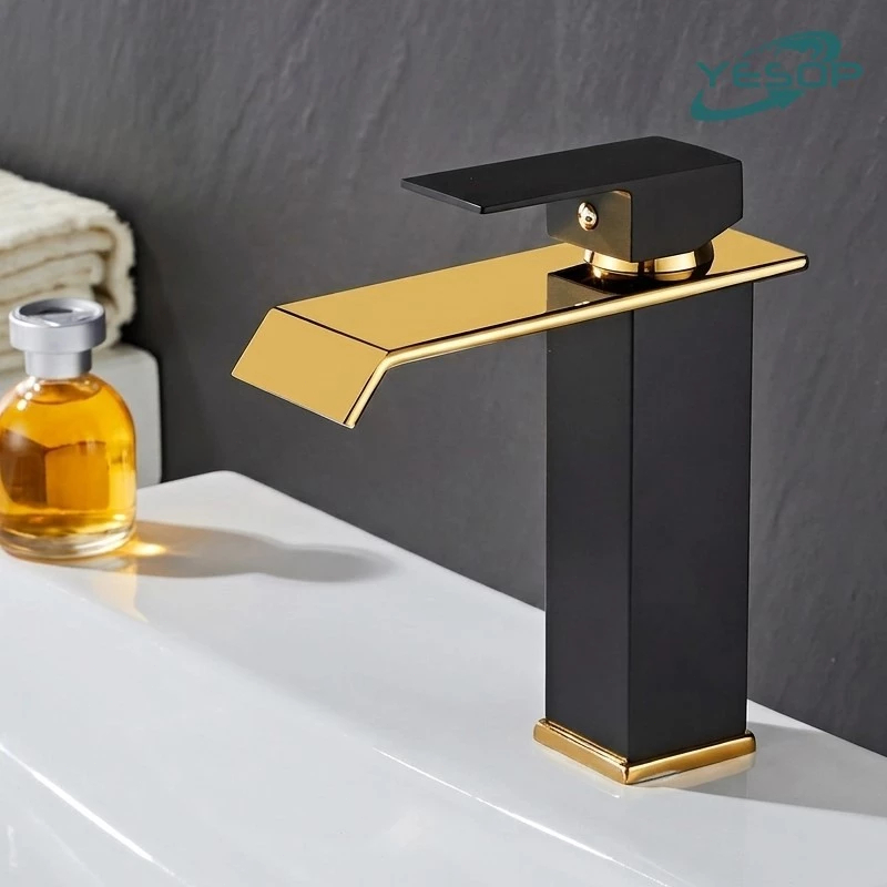 YESOP Torneira Preto Dourado Banheiro Cascata Quadrado Misturador Monocomando Luxo 18cm Para Lavabo