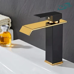 YESOP Torneira Preto Dourado Banheiro Cascata Quadrado Misturador Monocomando Luxo 18cm Para Lavabo