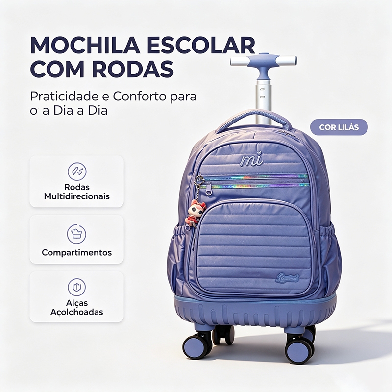 Mochila Escolar Menina Rosa com Rodas 360° e Compartimentos Amplos
