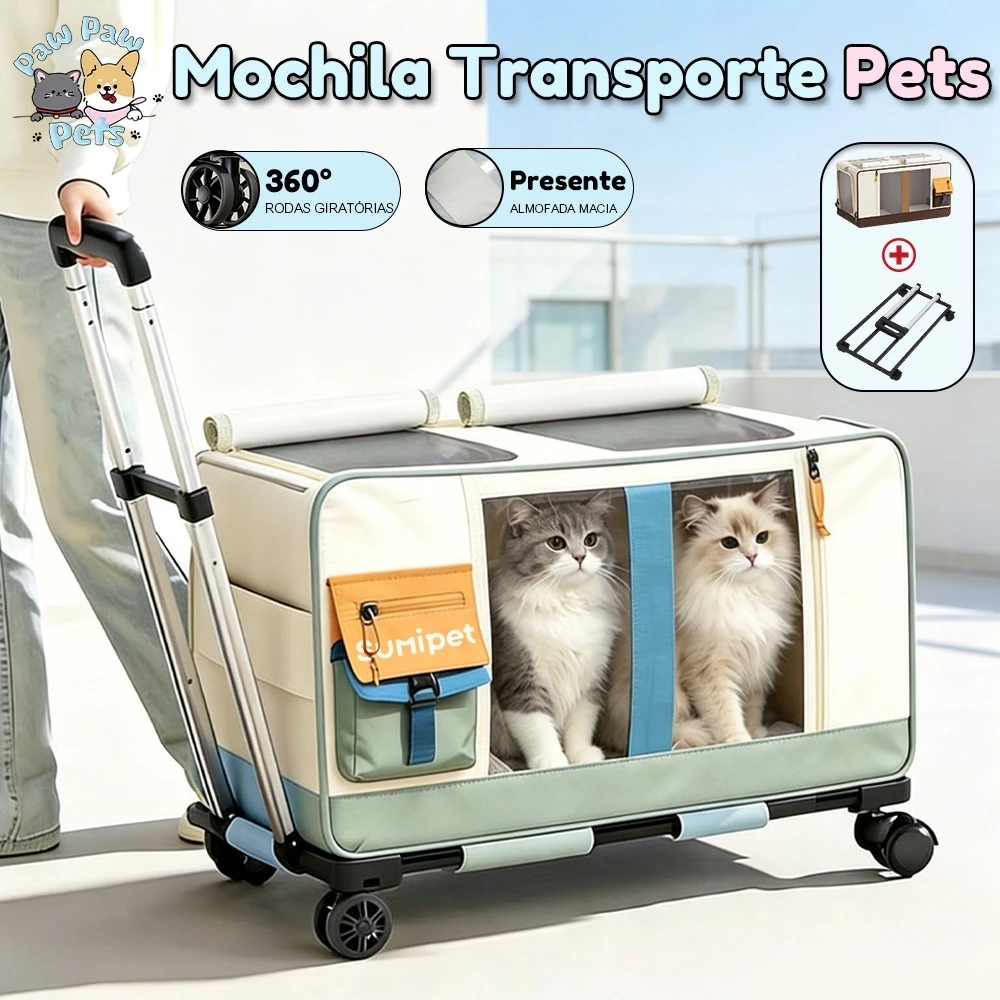 Carrinho de Transporte para 2 Gatos com Bolsa Dobrável Rodas 360° e Alça Ajustável