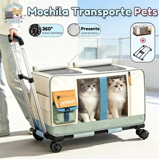 Carrinho de Transporte para 2 Gatos com Bolsa Dobrável Rodas 360° e Alça Ajustável