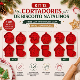 Kit 12 Cortadores de Biscoito Natalino | 3 Kits com 4 Moldes Cada | Natal