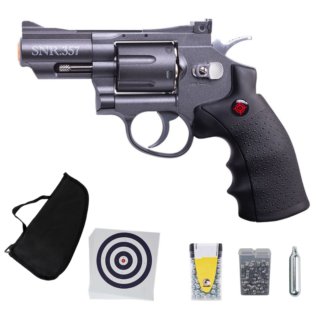 Revólver de Pressão Co2 SNR357 Full Metal Black 4.5mm – Crosman + Capa + Alvo + Cilindro + Esfera + Chumbo