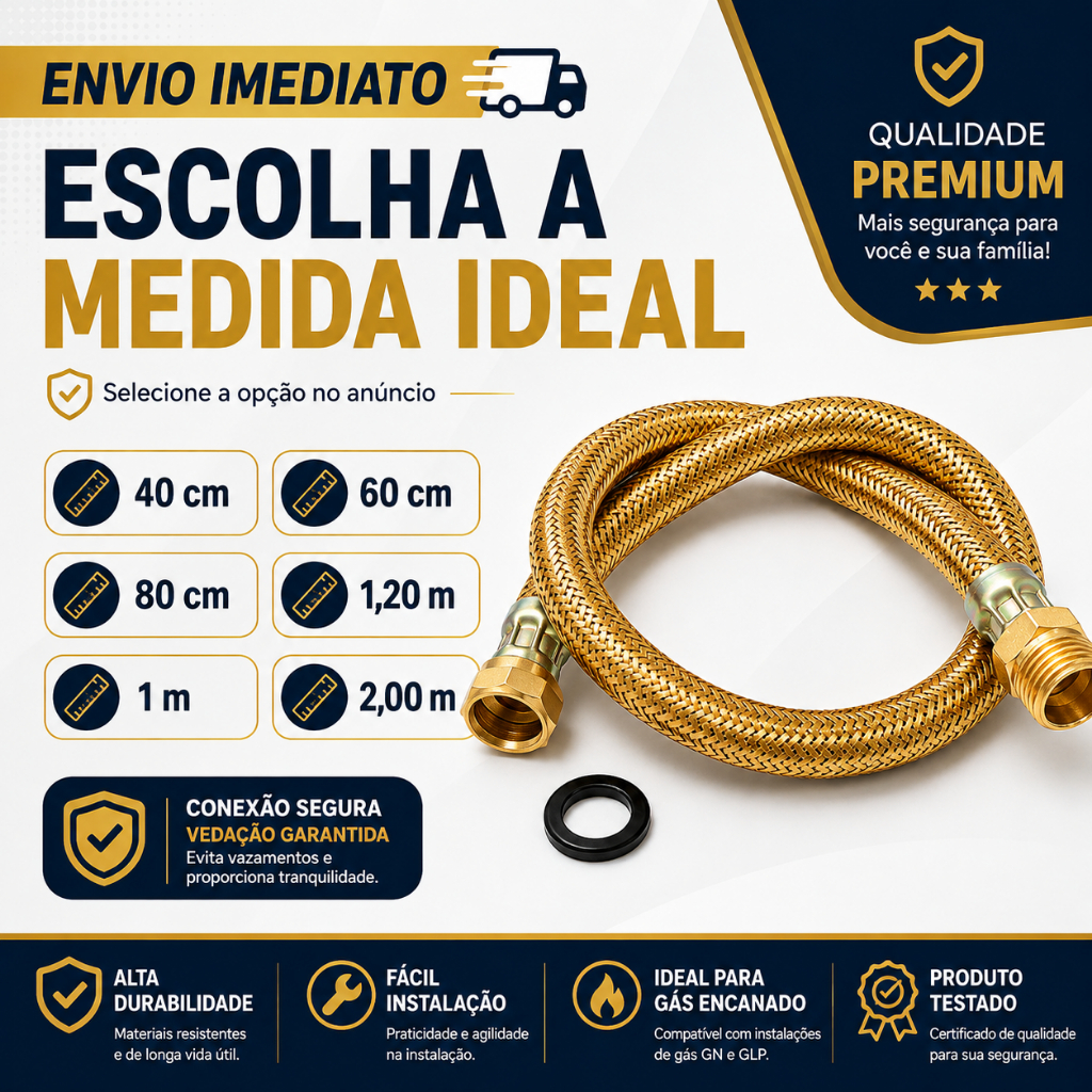 Mangueira Gas Encanado Cobre 2,00m,1,20m,1,00m, 80cm,60cm,40cm Flexivel Aquecedor Apartamento Coktop