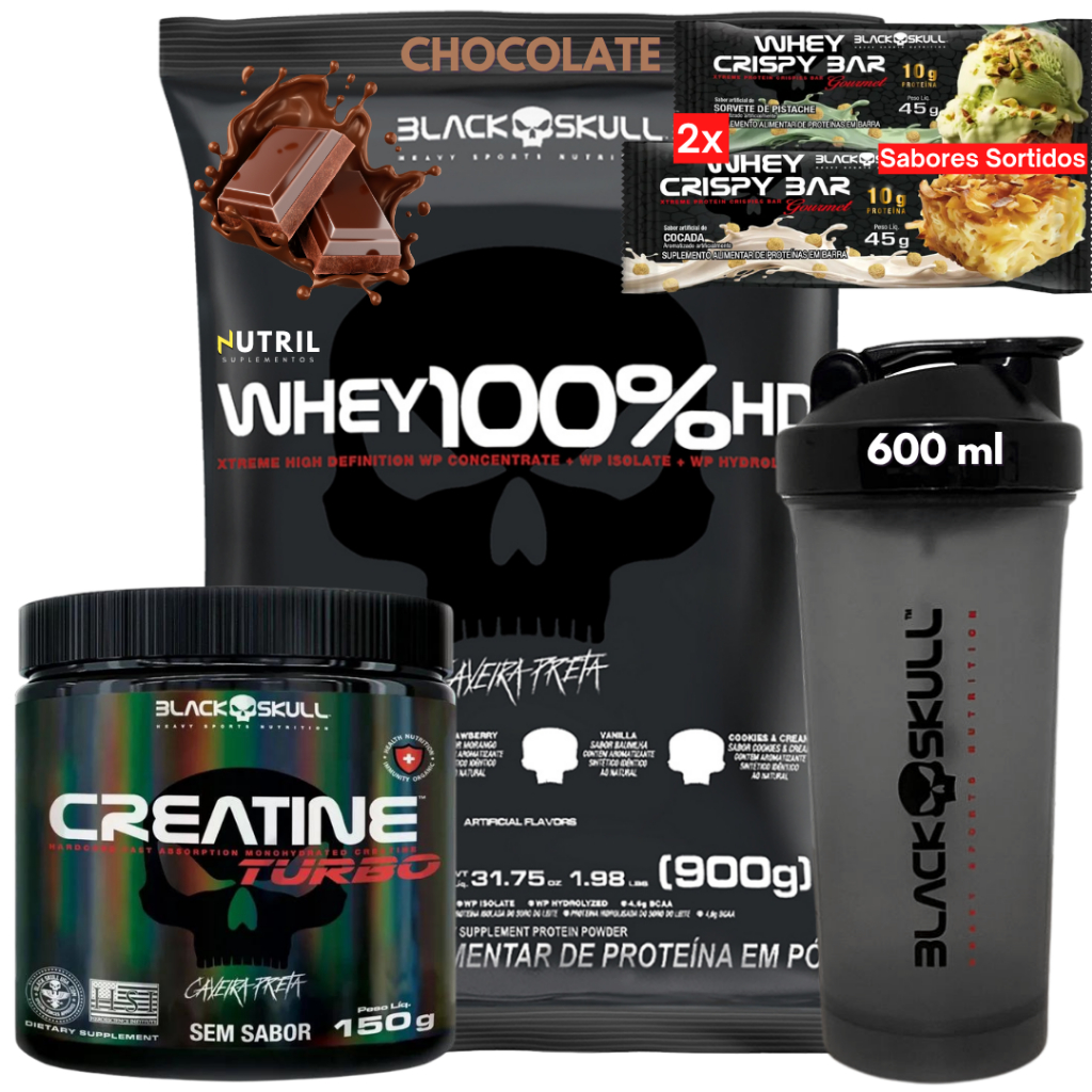Black Skull Whey Protein 100% HD Pure Concentrado Isolado Hidrolisado + Creatina Turbo 150g + Coqueteleira