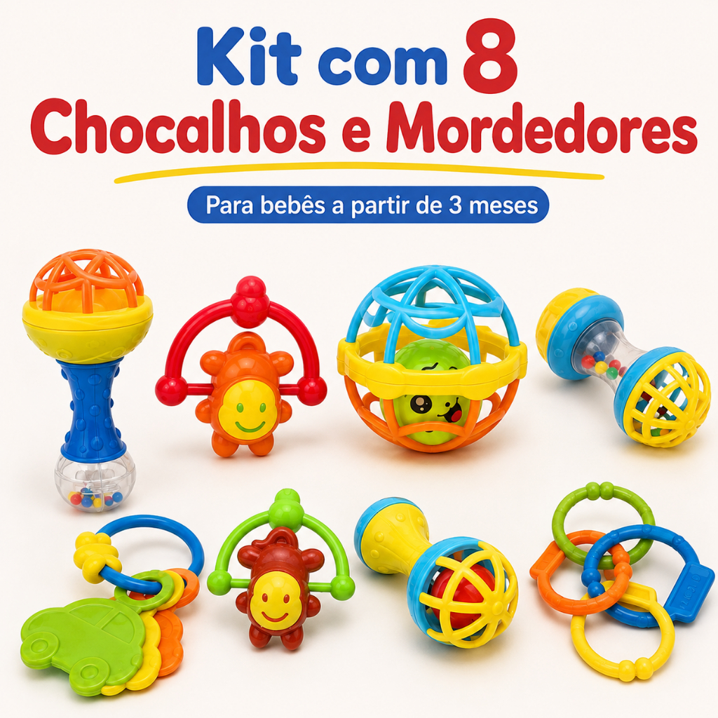 Kit 8 Chocalhos e Mordedor Bebê Brinquedo Infantil Estímulo Sensorial e Diversão