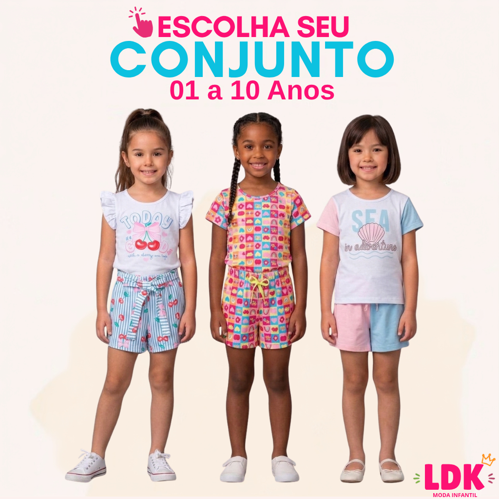 Conjunto Infantil Verão Menina Estampado Bebe Feminino Verão 01 a 10 Anos Verão