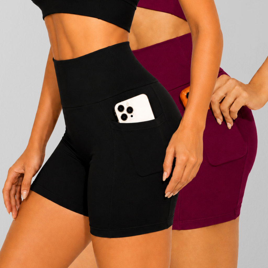KIT 02 Shorts Femininos Fitness Suplex Alta Compressão Bolso Lateral Cós Alto Zero de Transparência