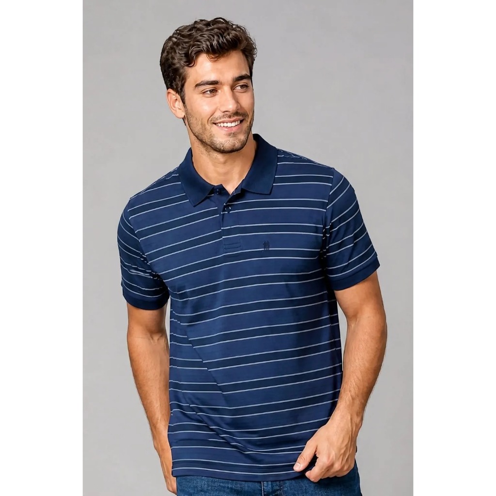 Polo Piquet Masculina Listrada Polo Wear Azul Escuro — imagem 2 de 2