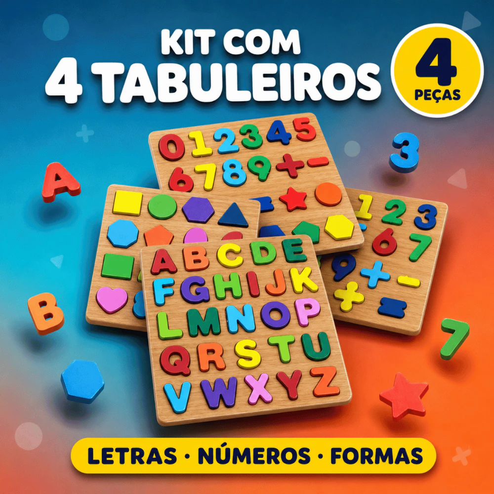Brinquedo Educativo Tabuleiros Madeira Alfabeto Números Formas Geométricas Encaixe Infantil