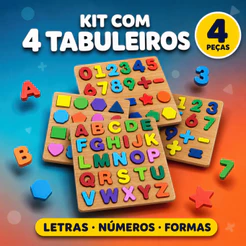 Brinquedo Educativo Tabuleiros Madeira Alfabeto Números Formas Geométricas Encaixe Infantil