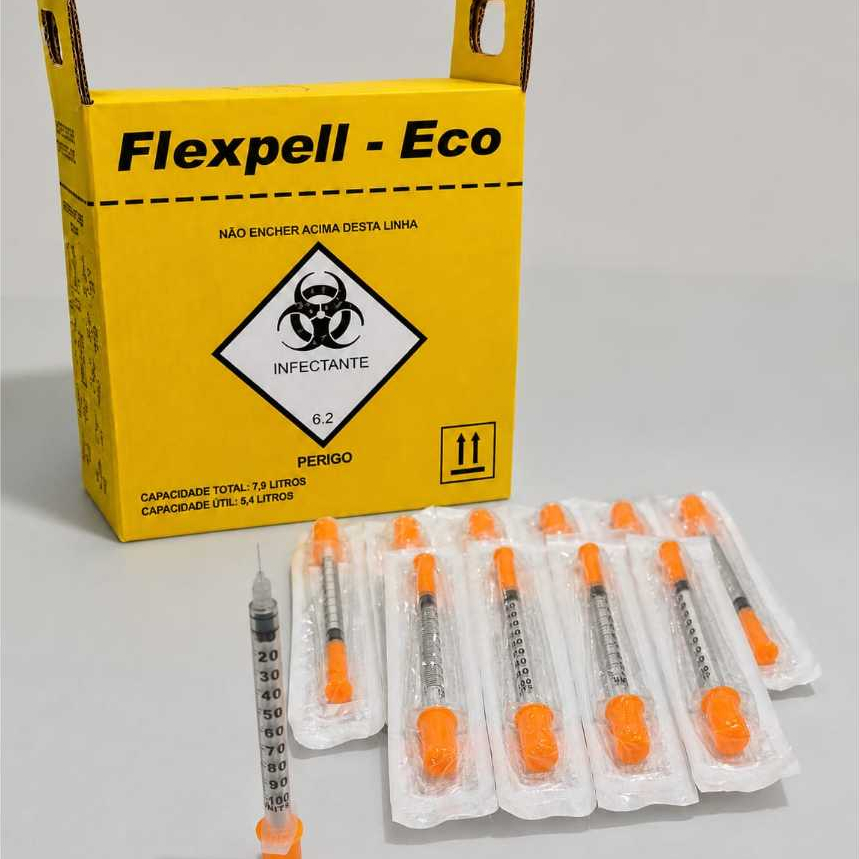 KIT 10 UNIDADES de Seringa de Insulina com agulha fixa 1ml + Caixa de Descarte de Infecto Cortante 3 LTS