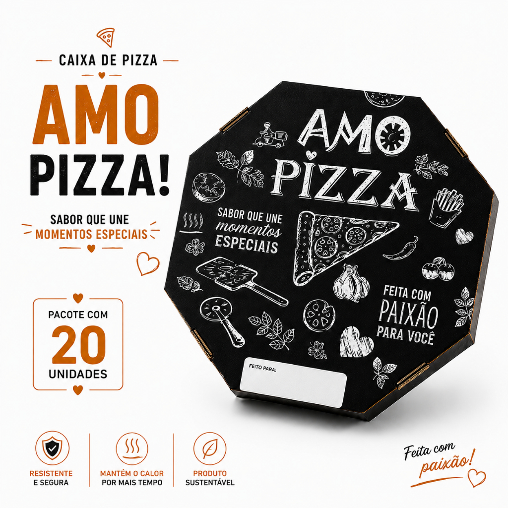 Caixa De Pizza Oitavada 35cm - Tematica Amo Pizza - 20 Unidades