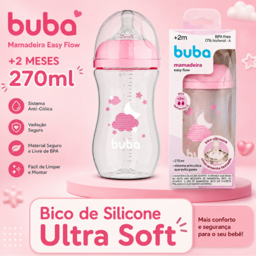 Mamadeira Buba 270ml Mamadeira anticolica e antivazamento buba Bico mamadeira buba Macio Easy Flow