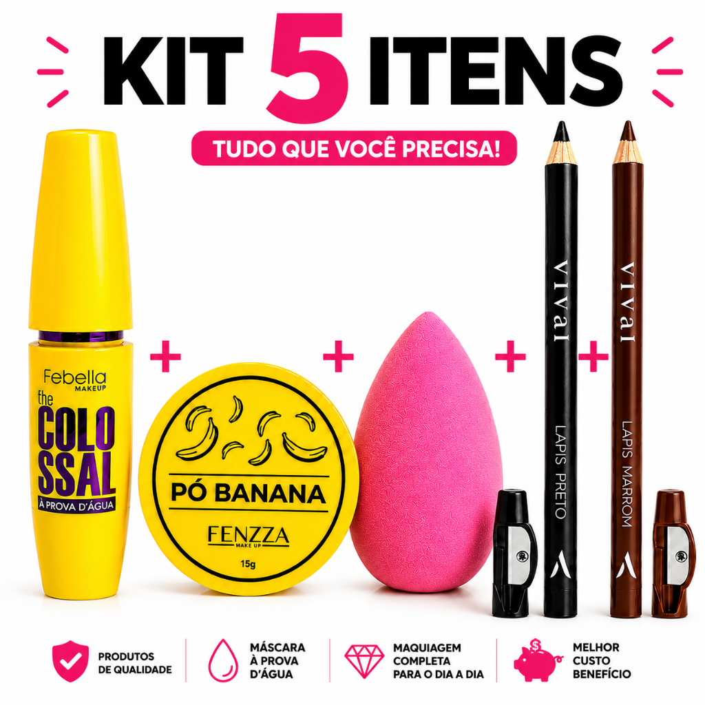Kit Maquiagem 5 Itens Máscara de Cílios Rímel À Prova D’Água Pó Banana Esponja Lápis de Olho Preto e Marrom