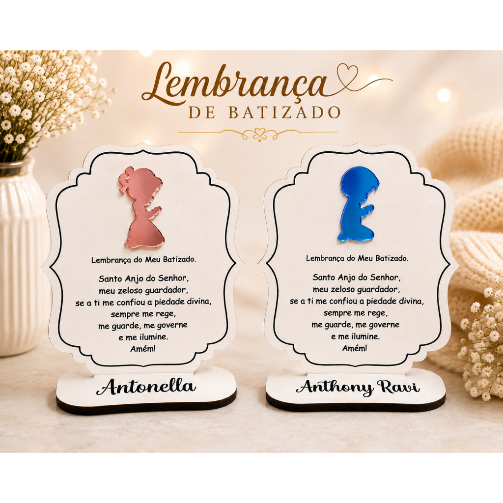 Kit Lembrancinhas Batizado, Batismo – Santo Anjo, Espírito Santo e Primeira Comunhão. Personalizado com Acrílico e Mdf.