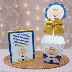 Centro de Mesa Cachepô + Plaquinhas ou Somente Plaquinhas CHÁ DE BEBÊ URSINHO PRÍNCIPE AZUL - Decoração (PEGUE E MONTE)