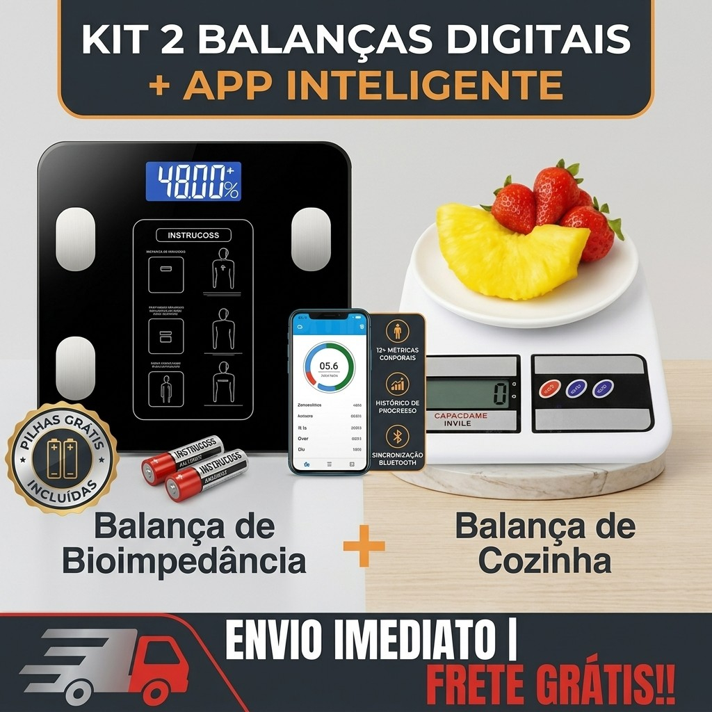 Kit 2 Balanças Digital Cozinha e Bioimpedância Dieta Nutrição Fitness APP Inteligente Regime