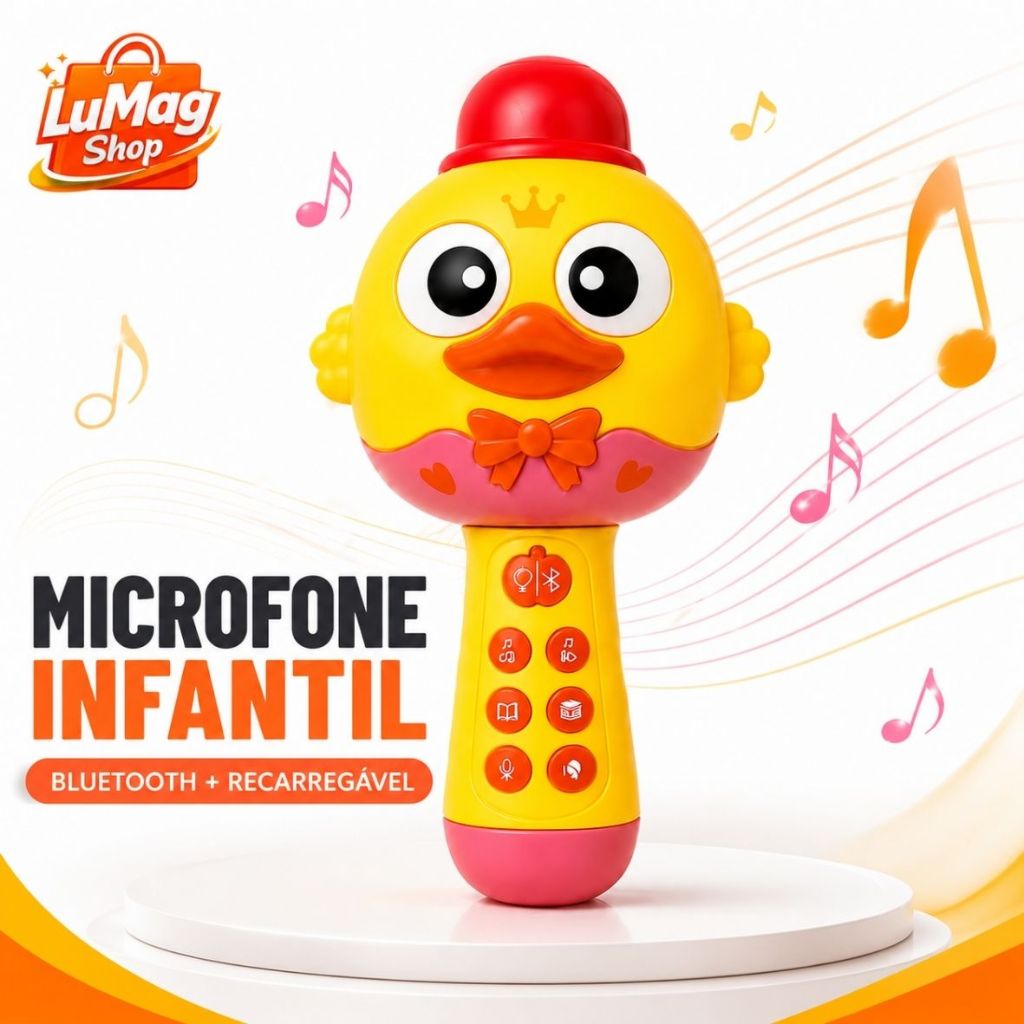Microfone Infantil Recarregável Bluetooth com Gravação Músicas Histórias Diversão para Crianças