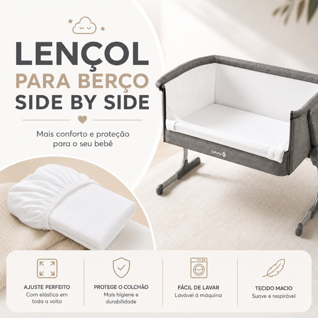 Lençol Para Berço Moises / Cosco 82cm x 52cm x 4cm Micro Percal 400 Fios Side By Side